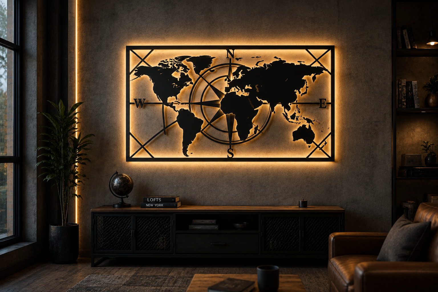 World Map Compass LED Wall Art